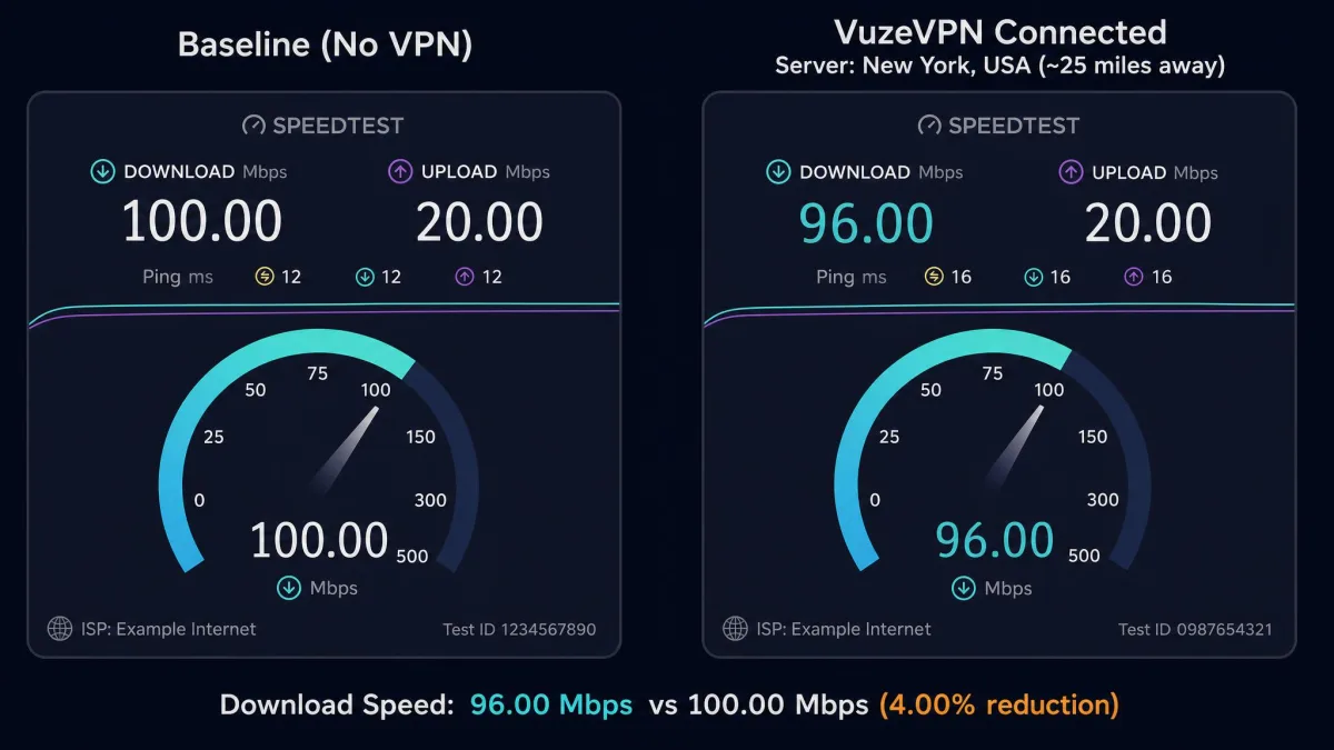 A side-by-side internet speed test showing baseline download speed next to the VuzeVPN-connected result on a nearby server, with roughly a four percent download reduction.