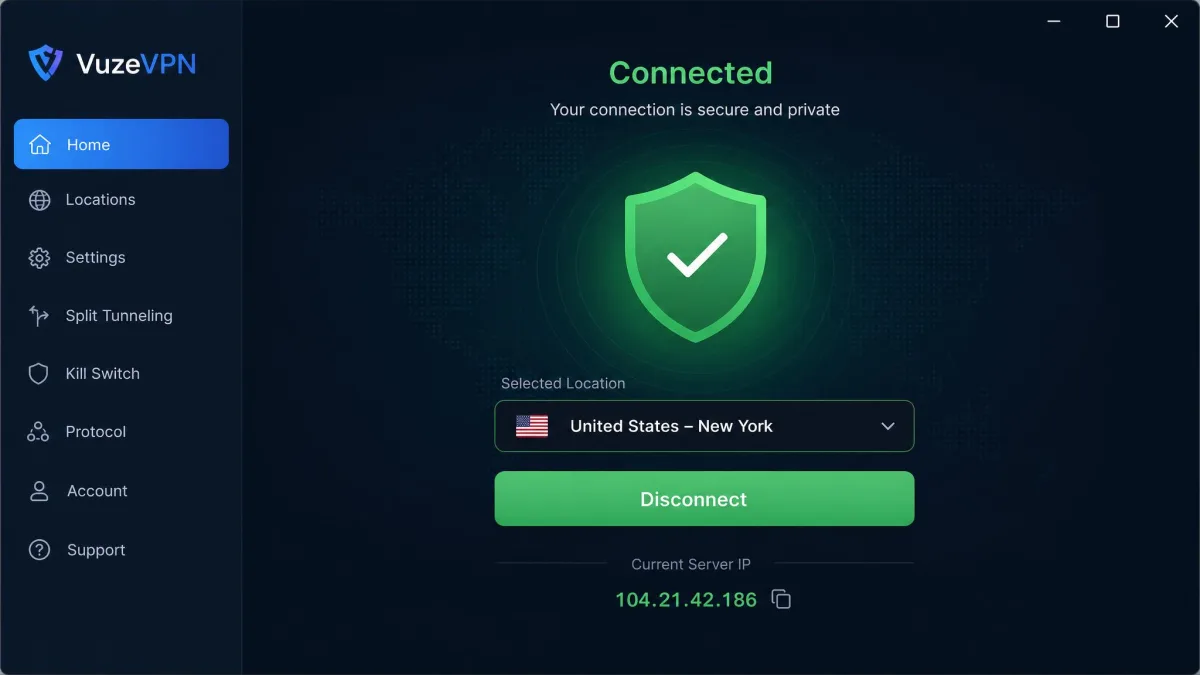 The VuzeVPN Windows desktop client showing a connected status with a green shield, the selected country in a dropdown, and the current server IP address displayed below the connect button.