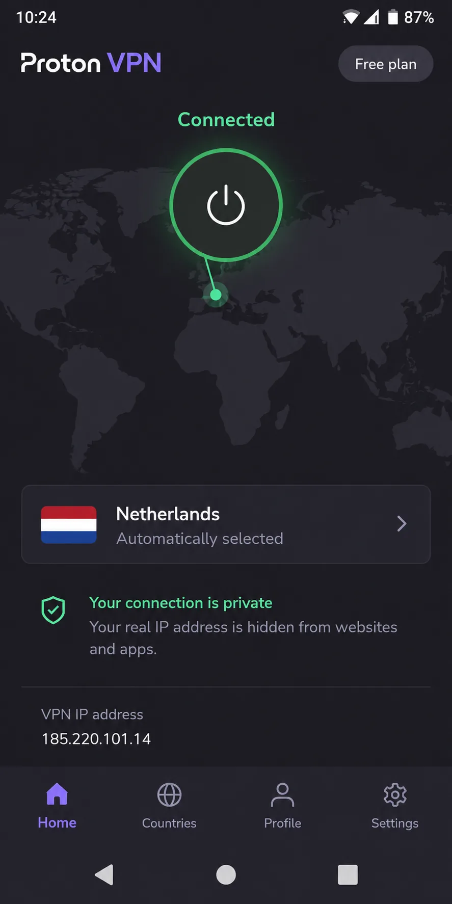 Proton VPN's free plan connected on Android, showing the automatically chosen server country and a Free plan label at the top of the screen.