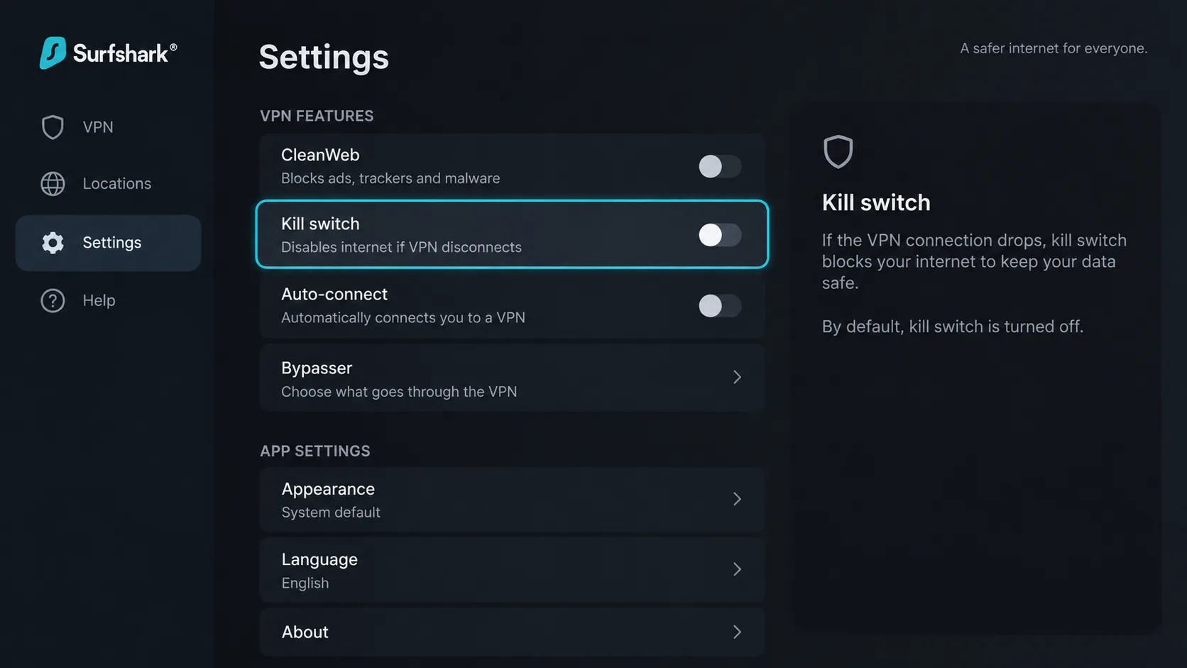 Surfshark's settings screen on an Android TV with the kill switch toggle highlighted, shown switched off as it ships by default.