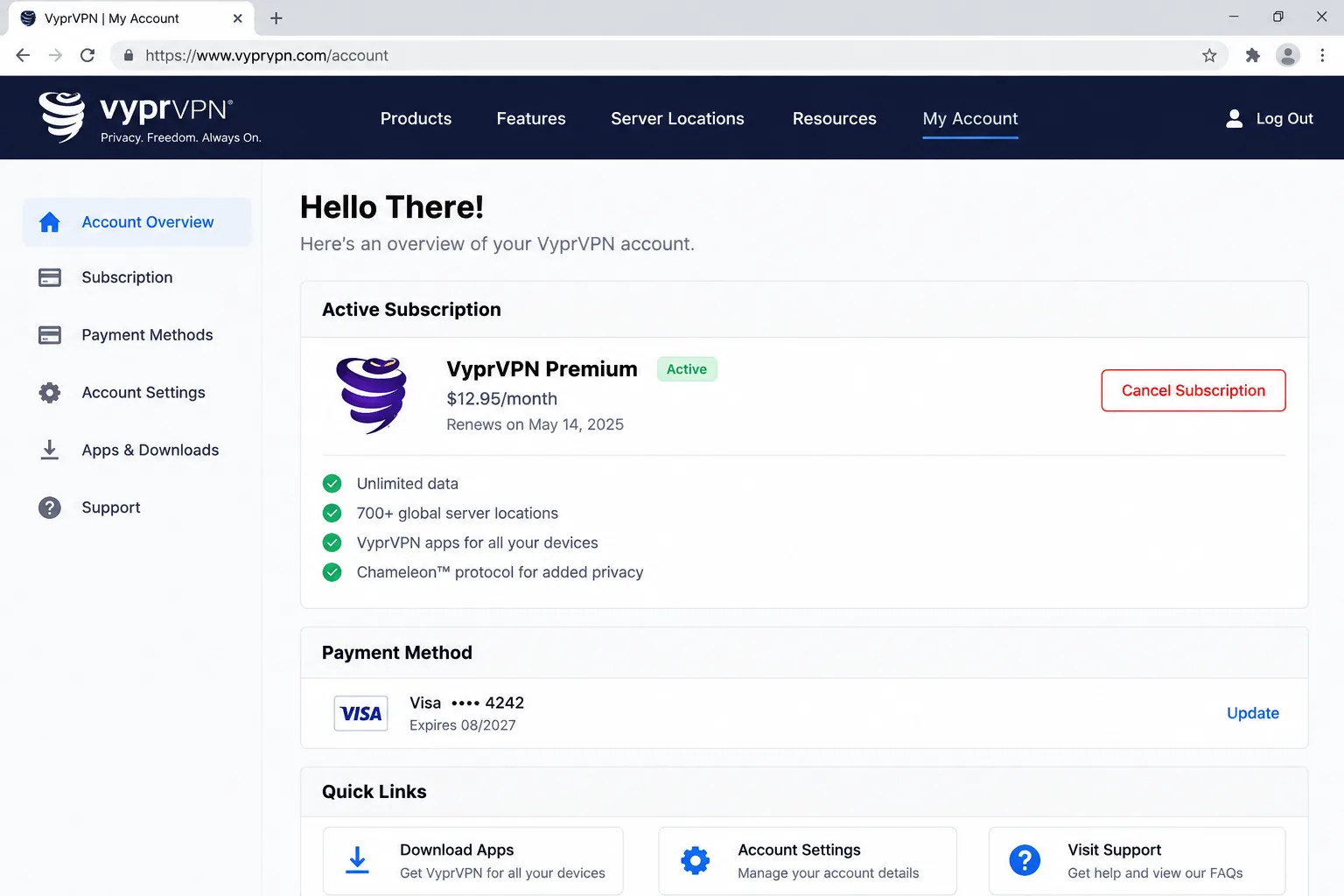 VyprVPN's website account page in a desktop browser, showing the active subscription with a cancel option next to the plan name.