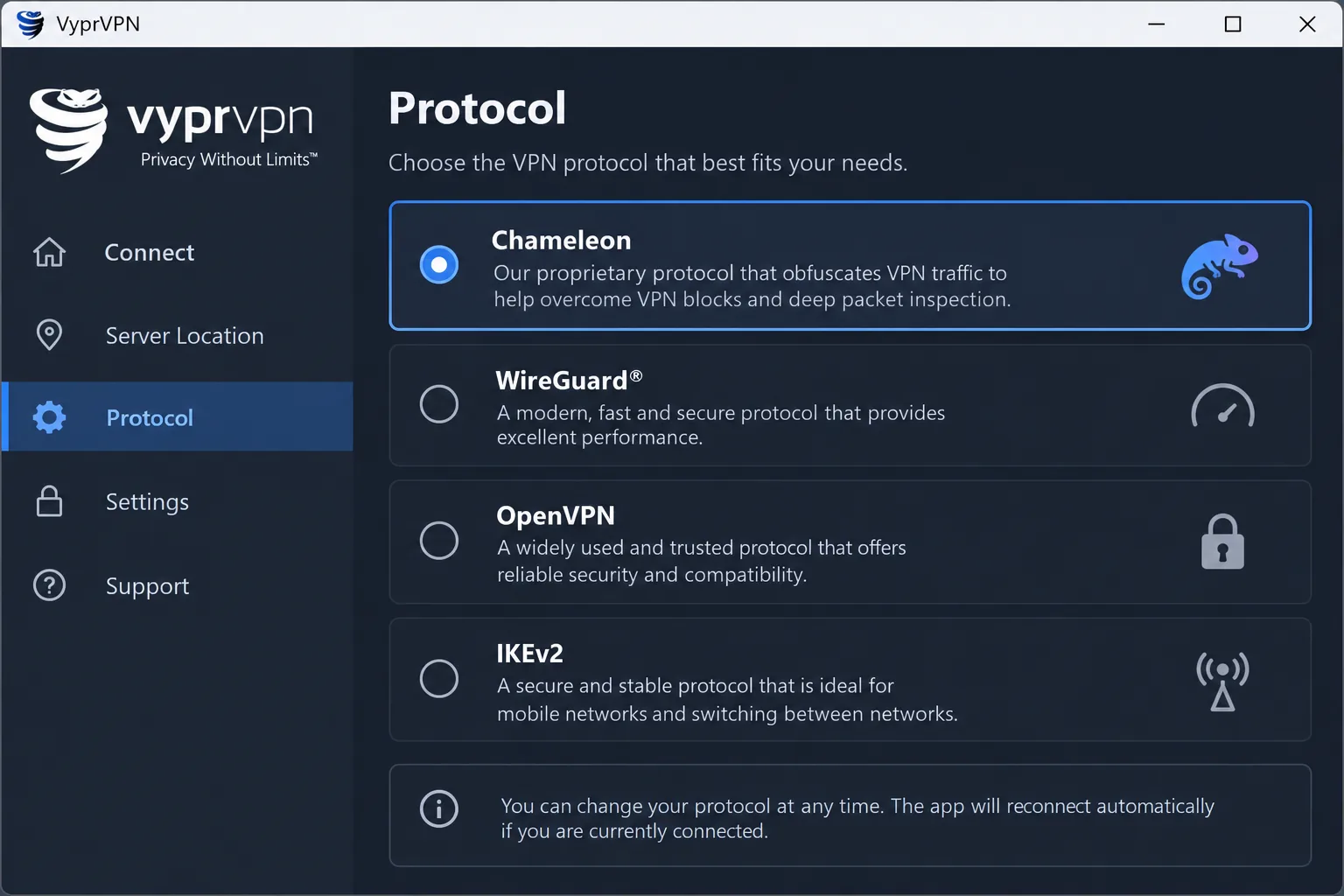 VyprVPN's protocol settings screen on Windows with Chameleon selected from a list that also shows WireGuard, OpenVPN and IKEv2.