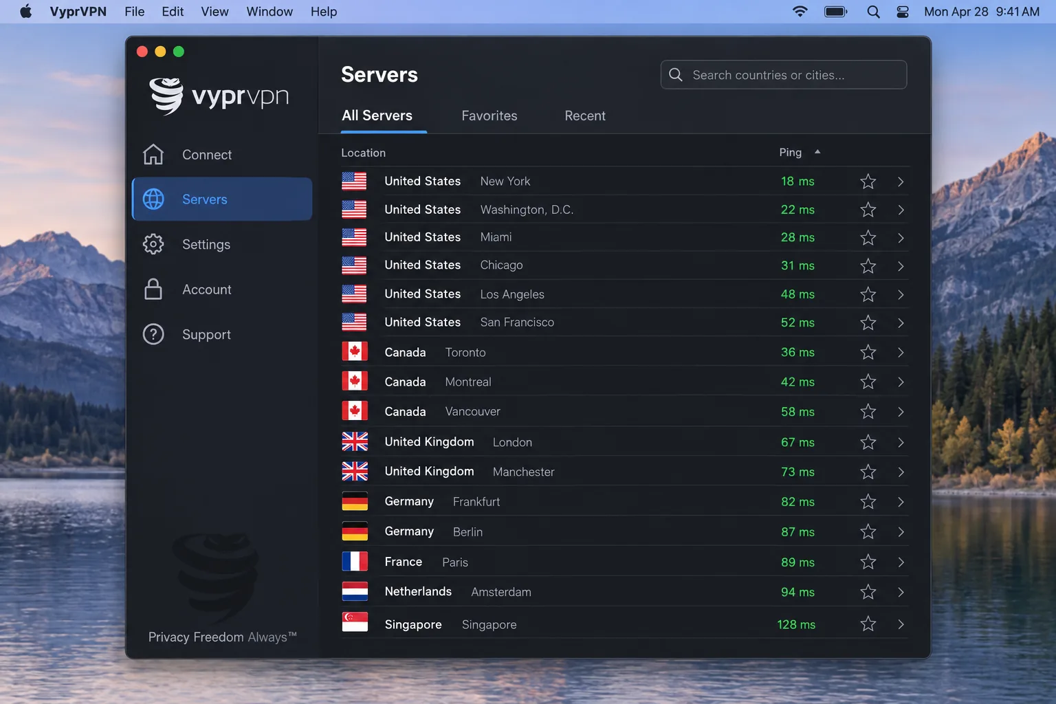 VyprVPN's server list on macOS showing country and city locations with a ping value in milliseconds beside each one.
