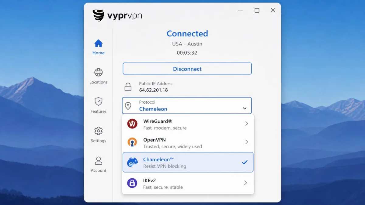 The VyprVPN protocol selection menu open with the Chameleon protocol highlighted among WireGuard, OpenVPN and IKEv2 options.