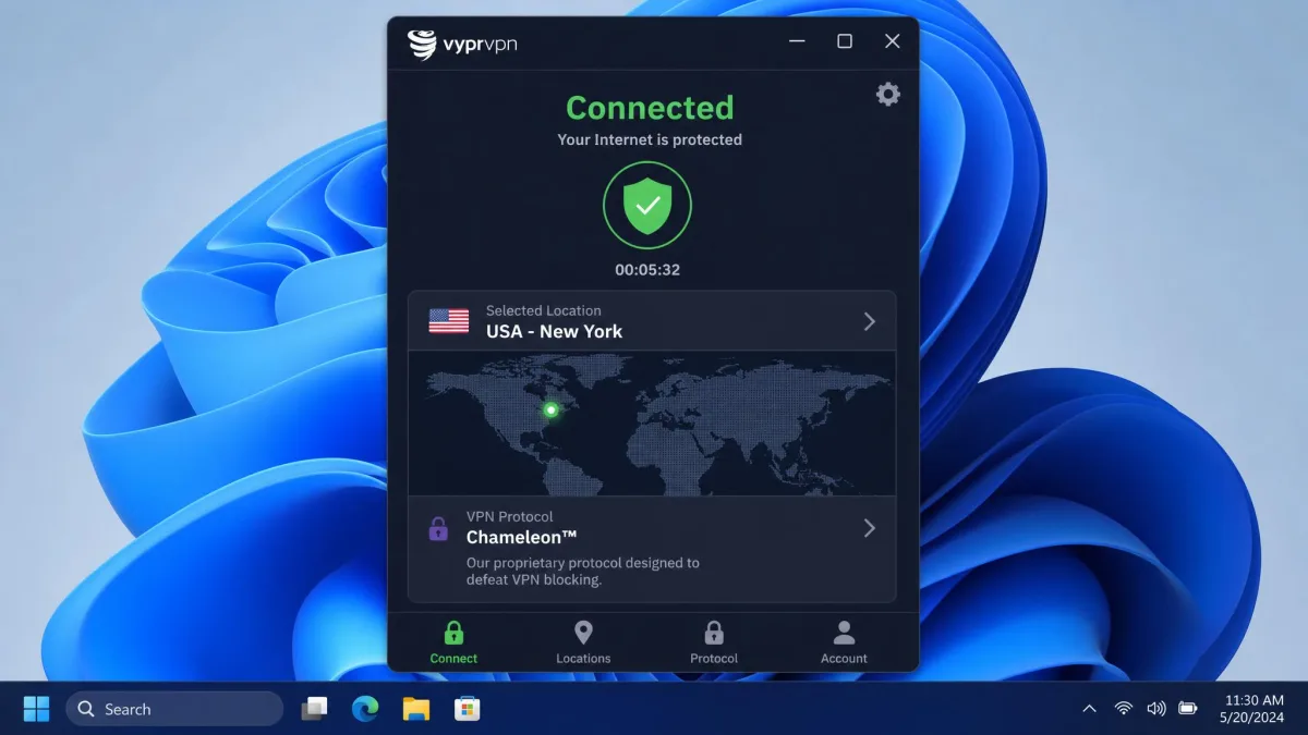 The VyprVPN Windows desktop app in its connected state, showing a green connected status, the selected Chameleon protocol, and a world map with the active server location highlighted.