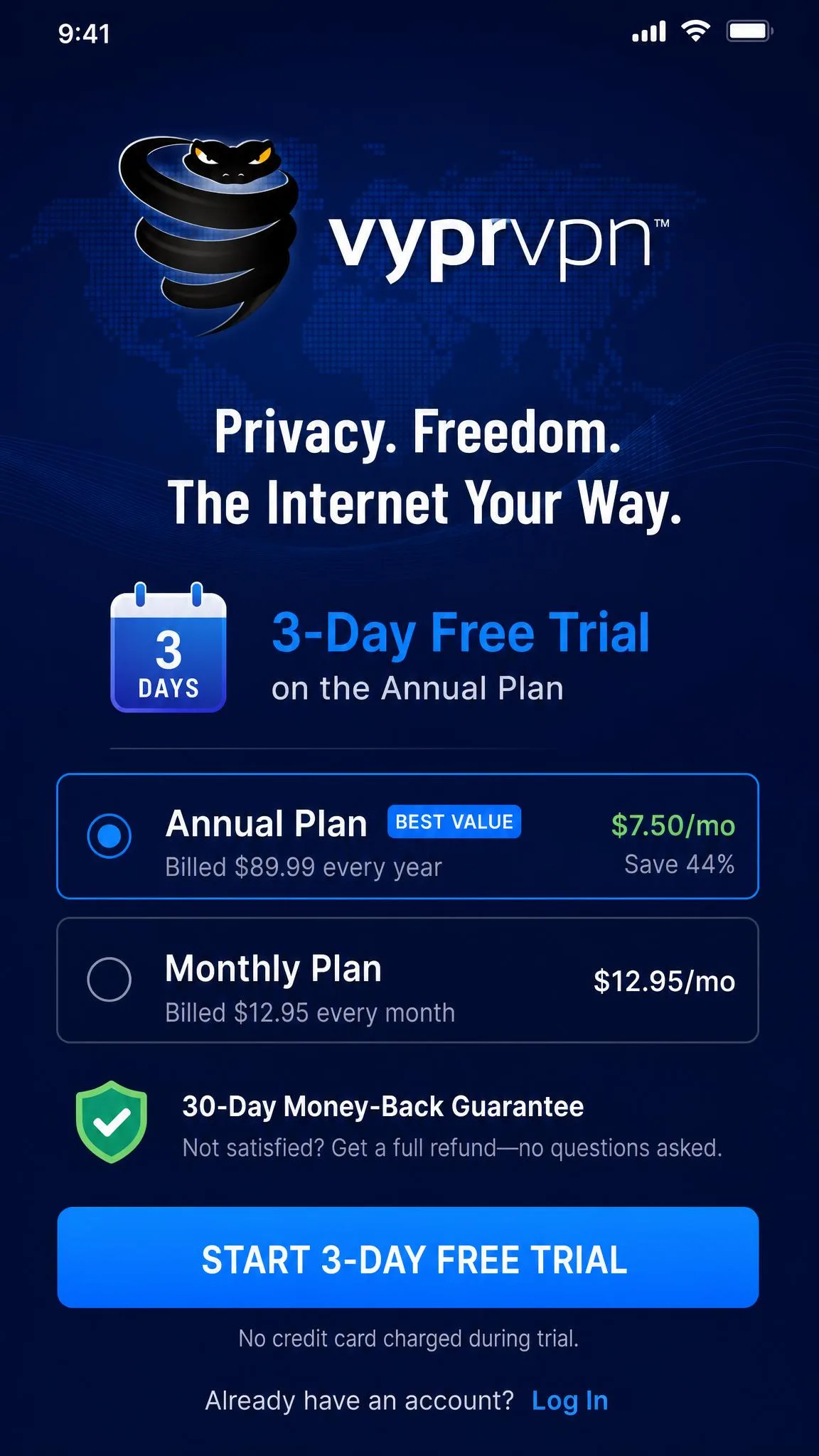 The VyprVPN mobile signup screen advertising a three-day free trial with the annual plan and thirty-day money-back guarantee shown below.