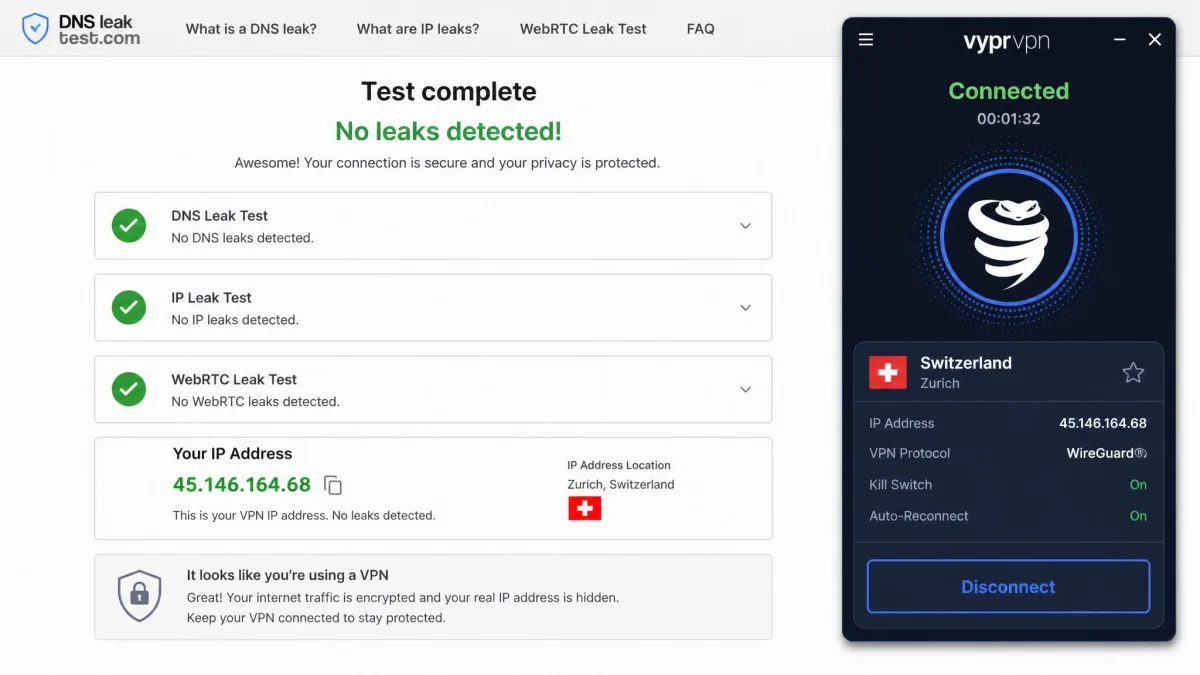 A DNS and IP leak test results page showing no leaks detected while the VyprVPN app is connected, with the VPN server address displayed.