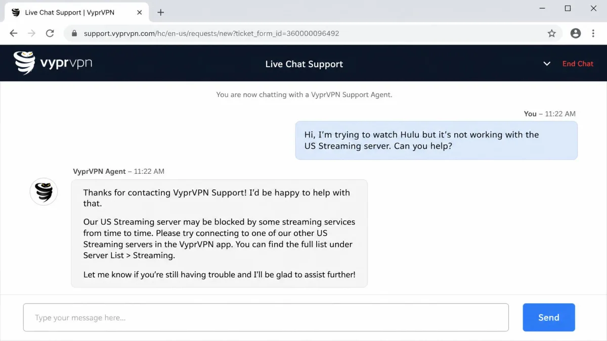 The VyprVPN live chat support window open in a browser, showing a user question about a streaming server and a scripted agent reply.