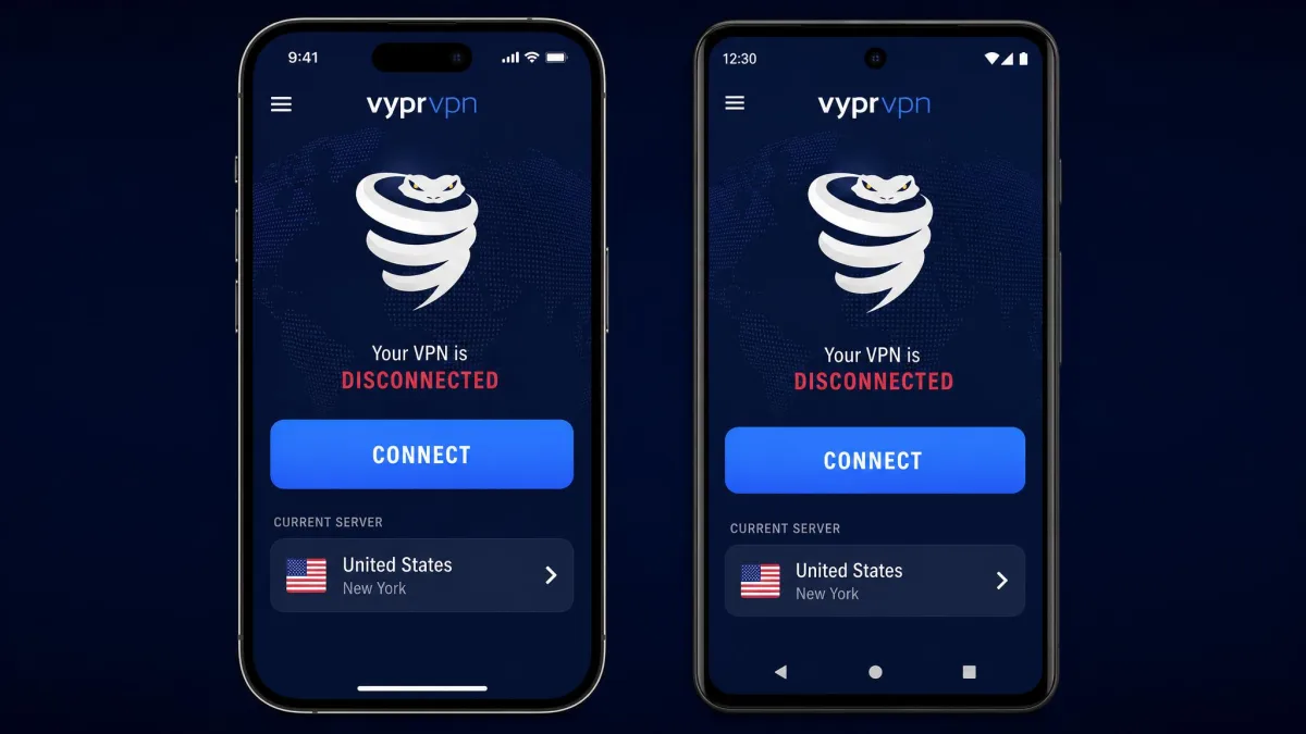 The VyprVPN mobile app shown on an iPhone and an Android phone side by side, both on the main connect screen with a large connect button and the current server location displayed.