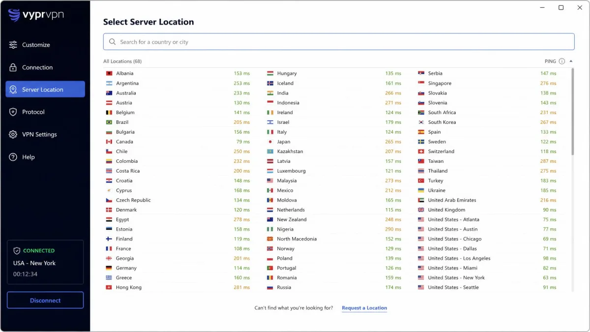 VyprVPN's server selection screen listing countries with ping times, showing the search box at the top and a scrollable list of nearly seventy country locations.