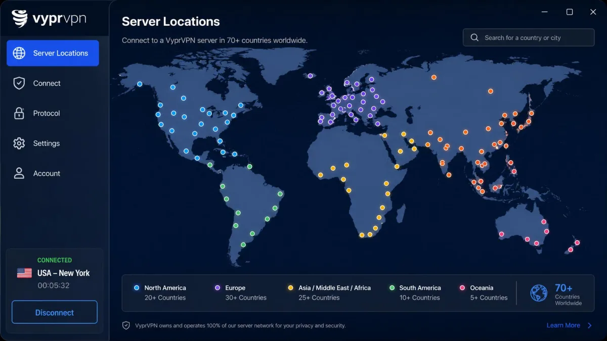 A world map view inside the VyprVPN app with server locations marked across North America, Europe, Asia and Oceania, illustrating coverage across nearly seventy countries.
