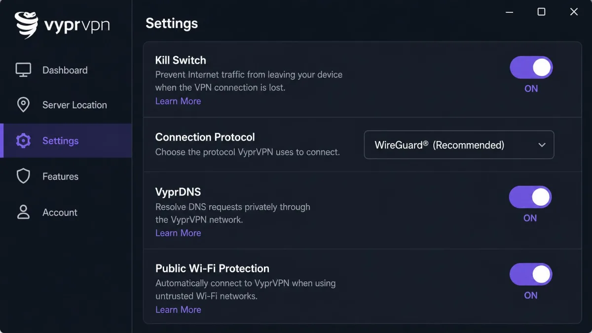 The VyprVPN settings panel with the kill switch toggle enabled, showing the connection protocol dropdown and the VyprDNS and public Wi-Fi protection options beneath it.