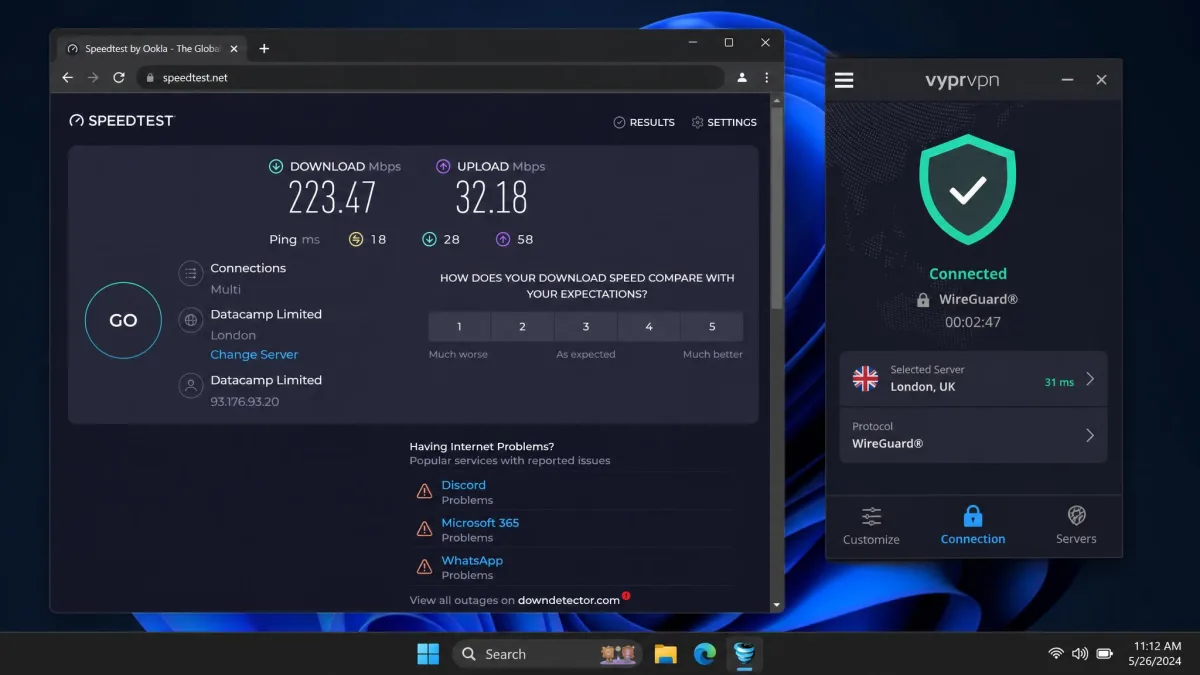 A speed-test result on screen next to the VyprVPN app connected over WireGuard to a nearby server, showing healthy download throughput for everyday use.