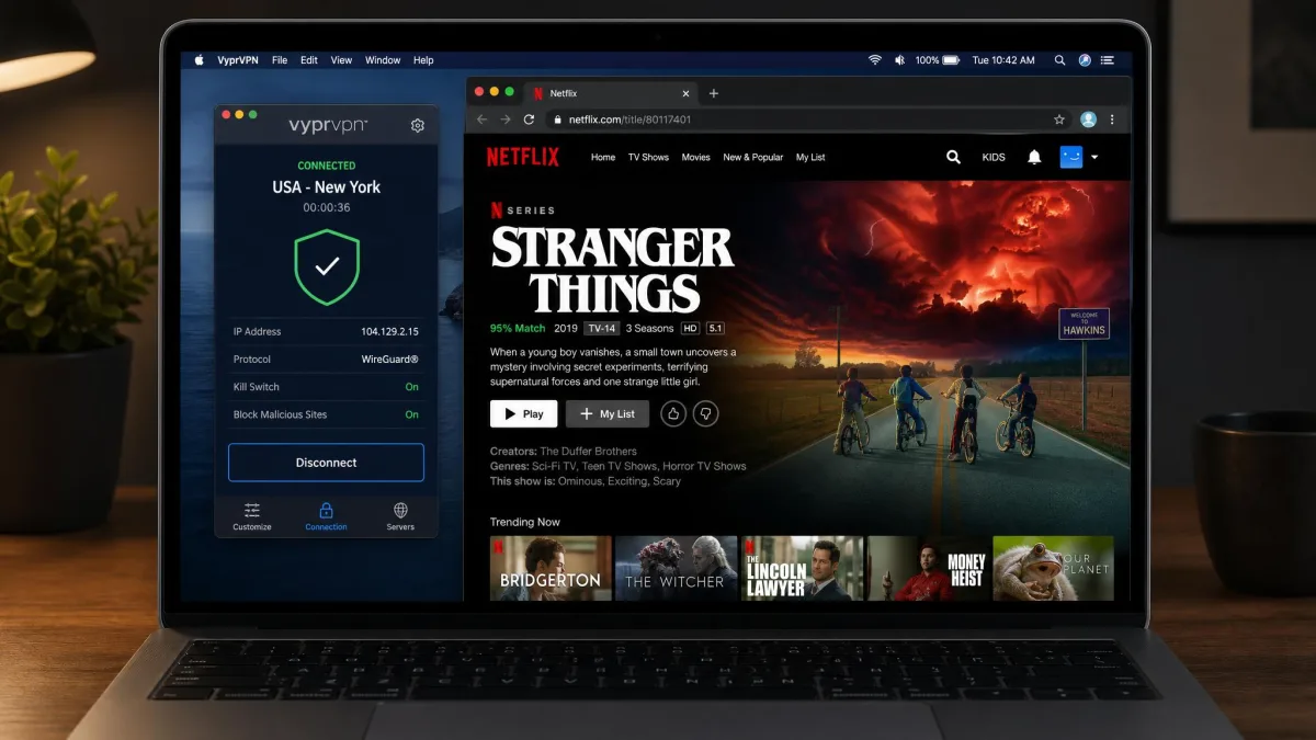 A laptop running the VyprVPN app connected to a US server alongside a browser showing a Netflix title page loading successfully, illustrating streaming access on a specific server.