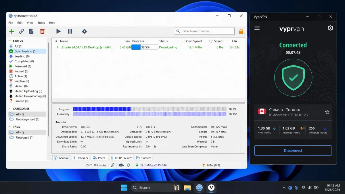 A torrent client downloading at a steady speed with the VyprVPN app connected to a nearby server in the background, illustrating P2P performance on the network.