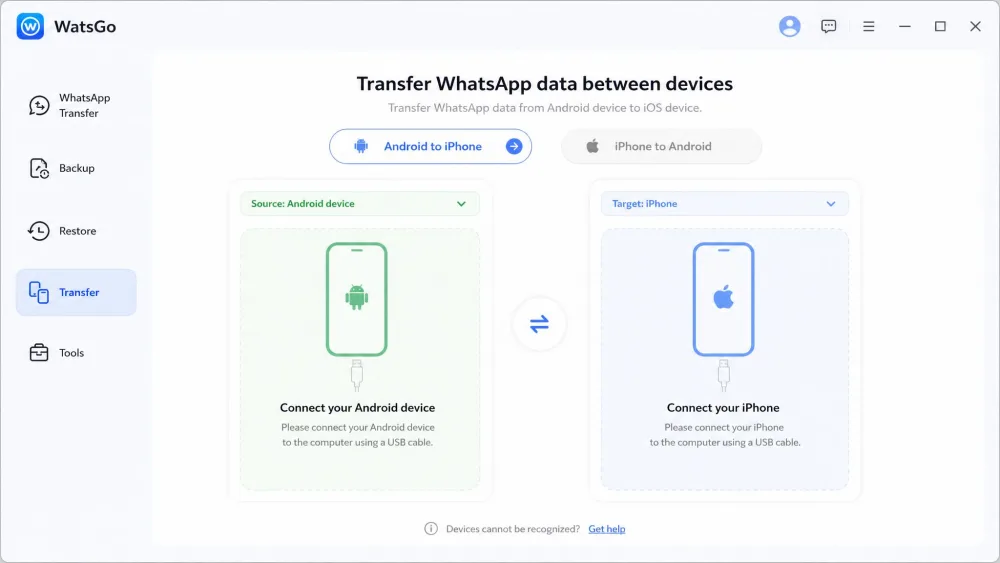 WatsGo's transfer-mode screen with Android to iPhone selected, showing source and target device slots ready for two connected phones.