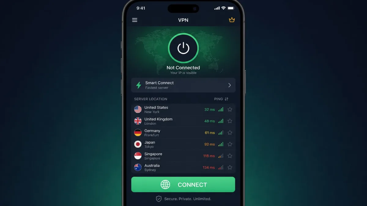 A VPN app interface on a phone showing a list of server countries with connection latency and a large connect button, ready to switch the user's virtual location.