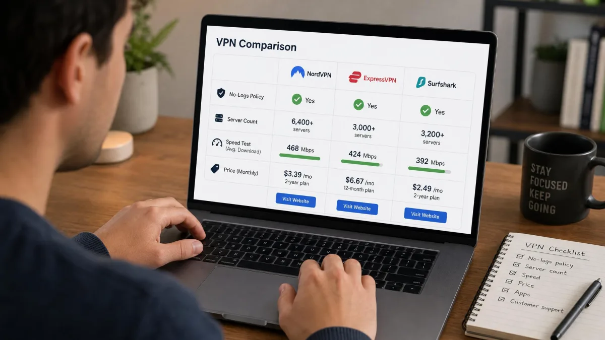 A person comparing VPN providers on a laptop with a side-by-side checklist of no-logs policy, server count, speed test results, and price on screen.