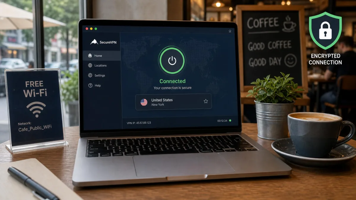 A laptop on a cafe table connected to public Wi-Fi with a VPN app showing a green connected status and an encrypted-connection shield icon in the corner.
