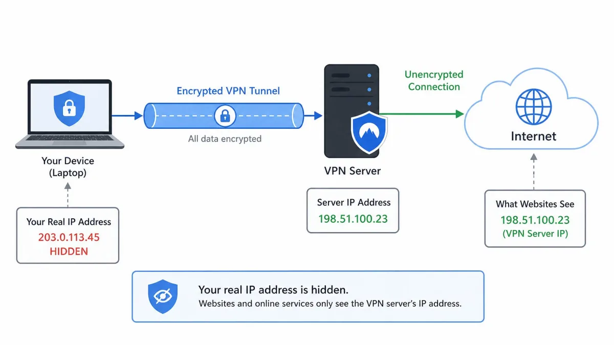 A simple diagram showing a laptop connecting through an encrypted tunnel to a VPN server, which then connects out to the wider internet, with the user's real IP address hidden behind the server.
