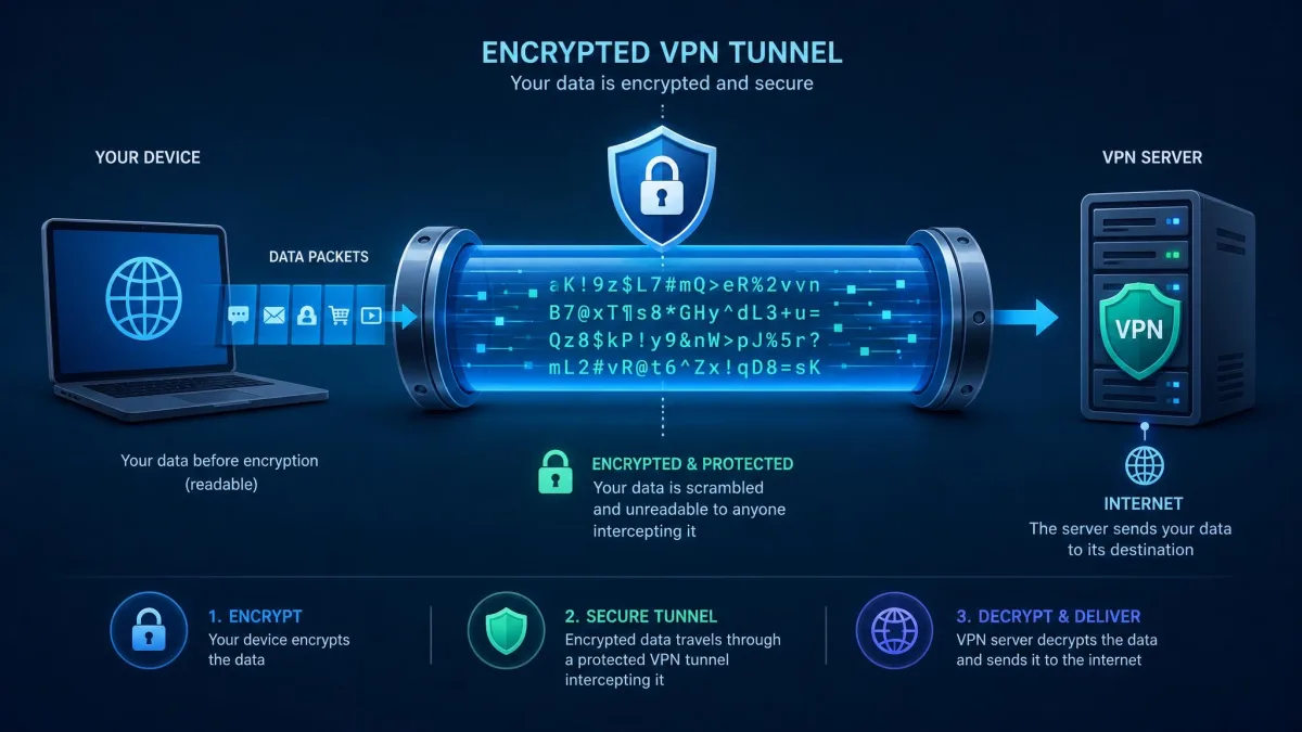 An illustration of data packets travelling through an encrypted VPN tunnel, shown as scrambled code inside a protected pipe between a device and a server.