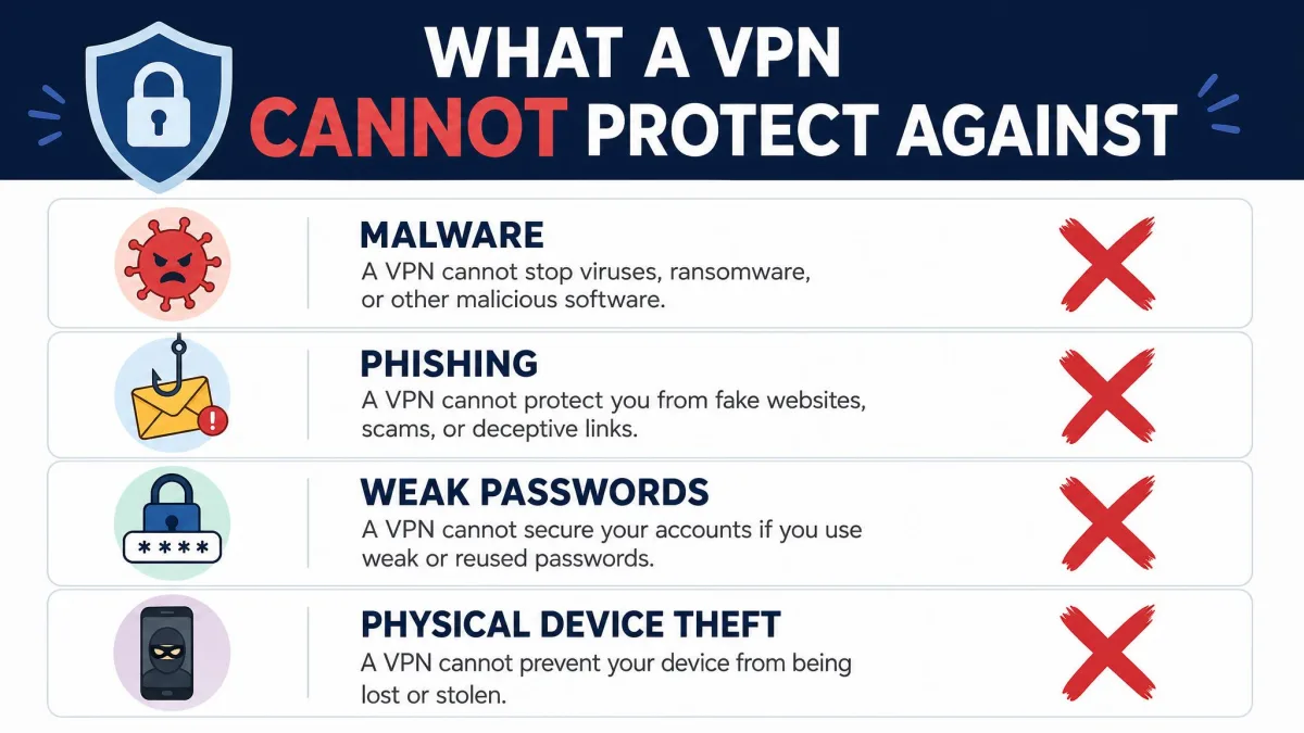 A checklist graphic showing what a VPN cannot protect against, including malware, phishing, weak passwords, and physical device theft, each marked with a red cross.
