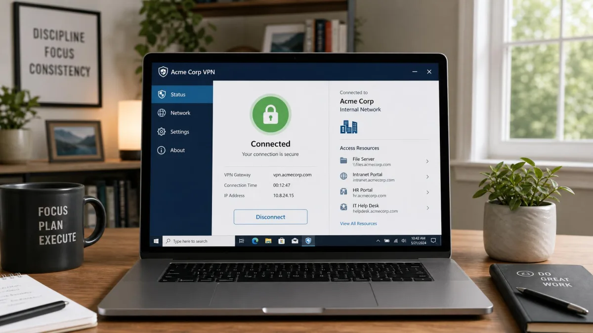 A home-office desk with a laptop showing a corporate VPN client connected to an internal company network, illustrating secure remote access to work files.