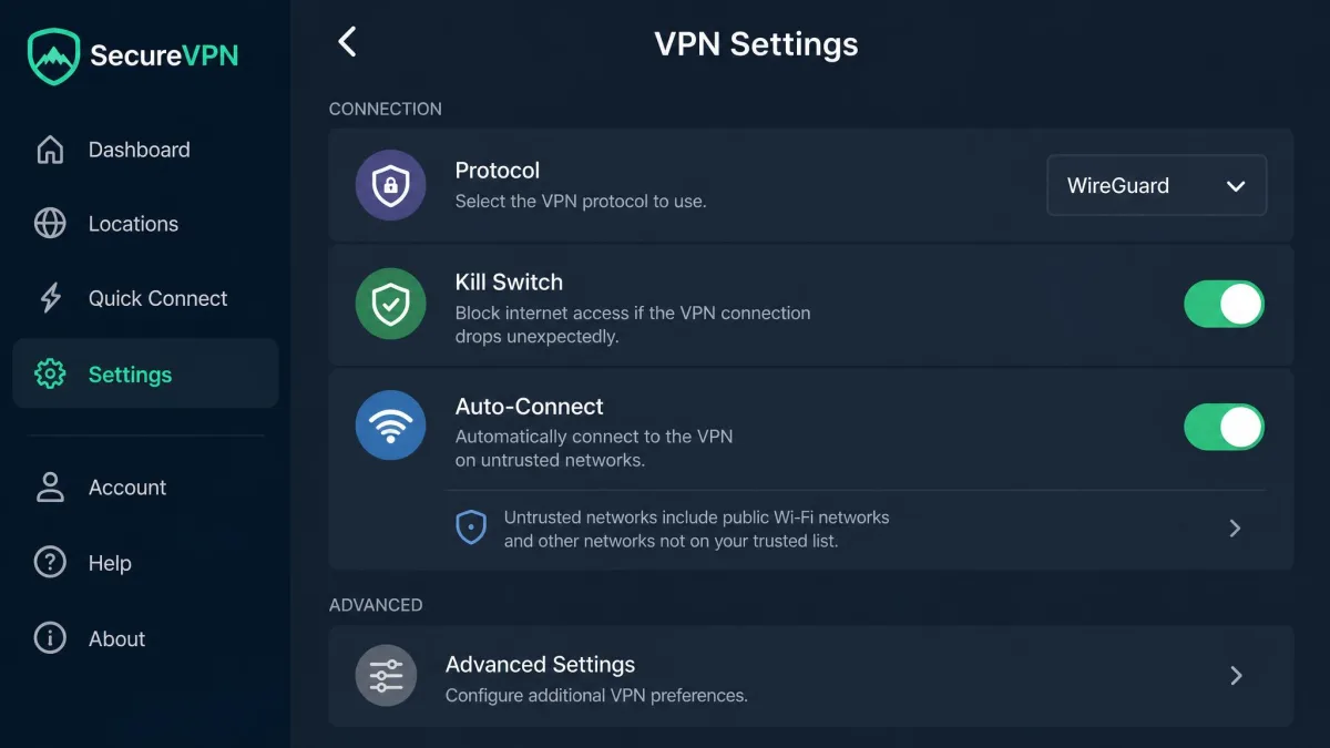 A VPN app settings screen showing the protocol selector set to WireGuard, a kill-switch toggle, and an auto-connect option enabled for untrusted networks.