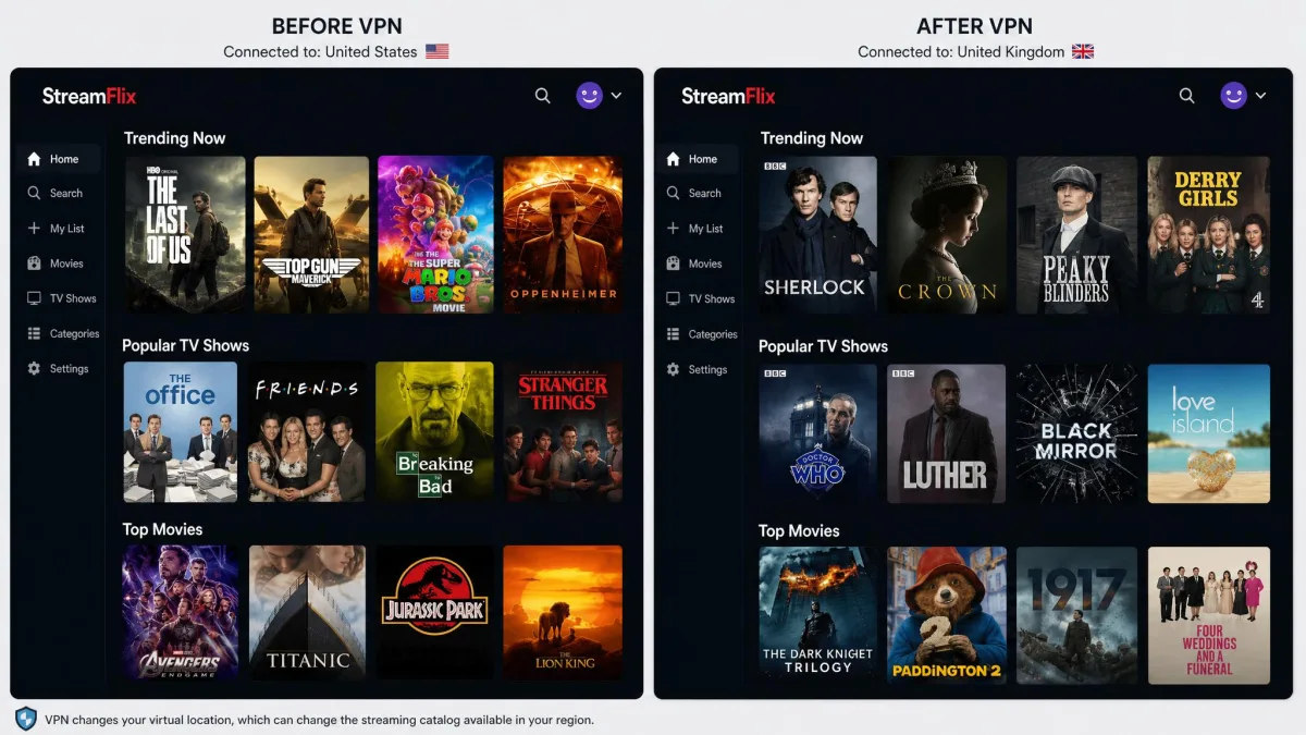 Two side-by-side streaming app screens showing different available titles, one before connecting to a foreign VPN server and one after, illustrating how the catalog changes by region.