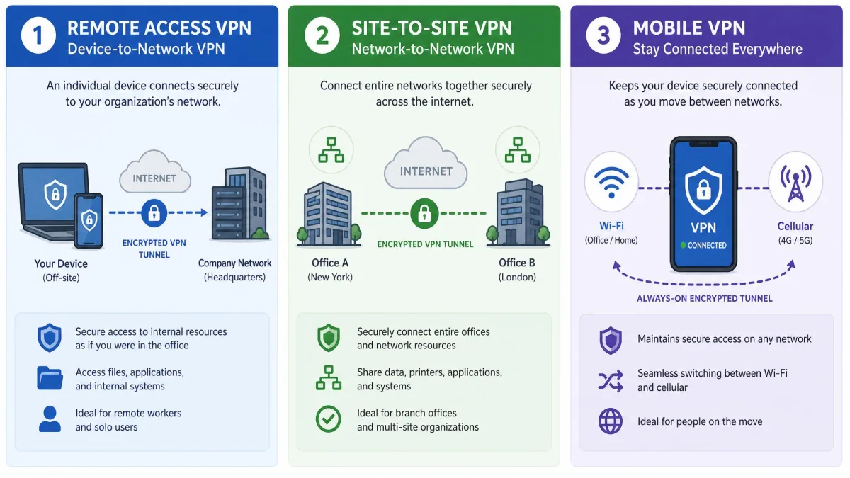 A three-panel graphic comparing a personal device-to-network VPN, a site-to-site VPN linking two office buildings, and a mobile VPN keeping a phone connected across Wi-Fi and cellular.