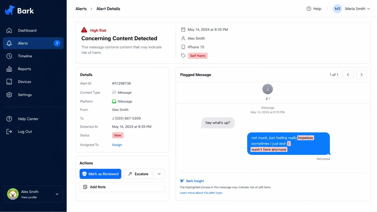 Bark dashboard showing an alert for a flagged message with the concerning content highlighted.