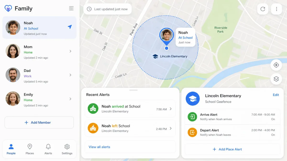 Family location screen showing a child's current position with geofence alerts for school arrival and departure.