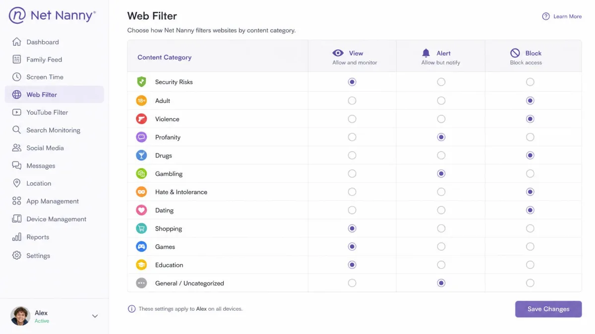 Net Nanny content category list with per-category View, Alert, and Block settings for web filtering.
