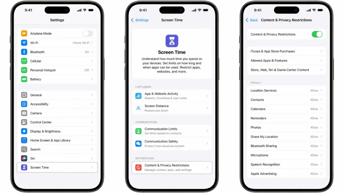 Setup flow inside iPhone Settings for enabling Screen Time, with Content and Privacy Restrictions toggled on.