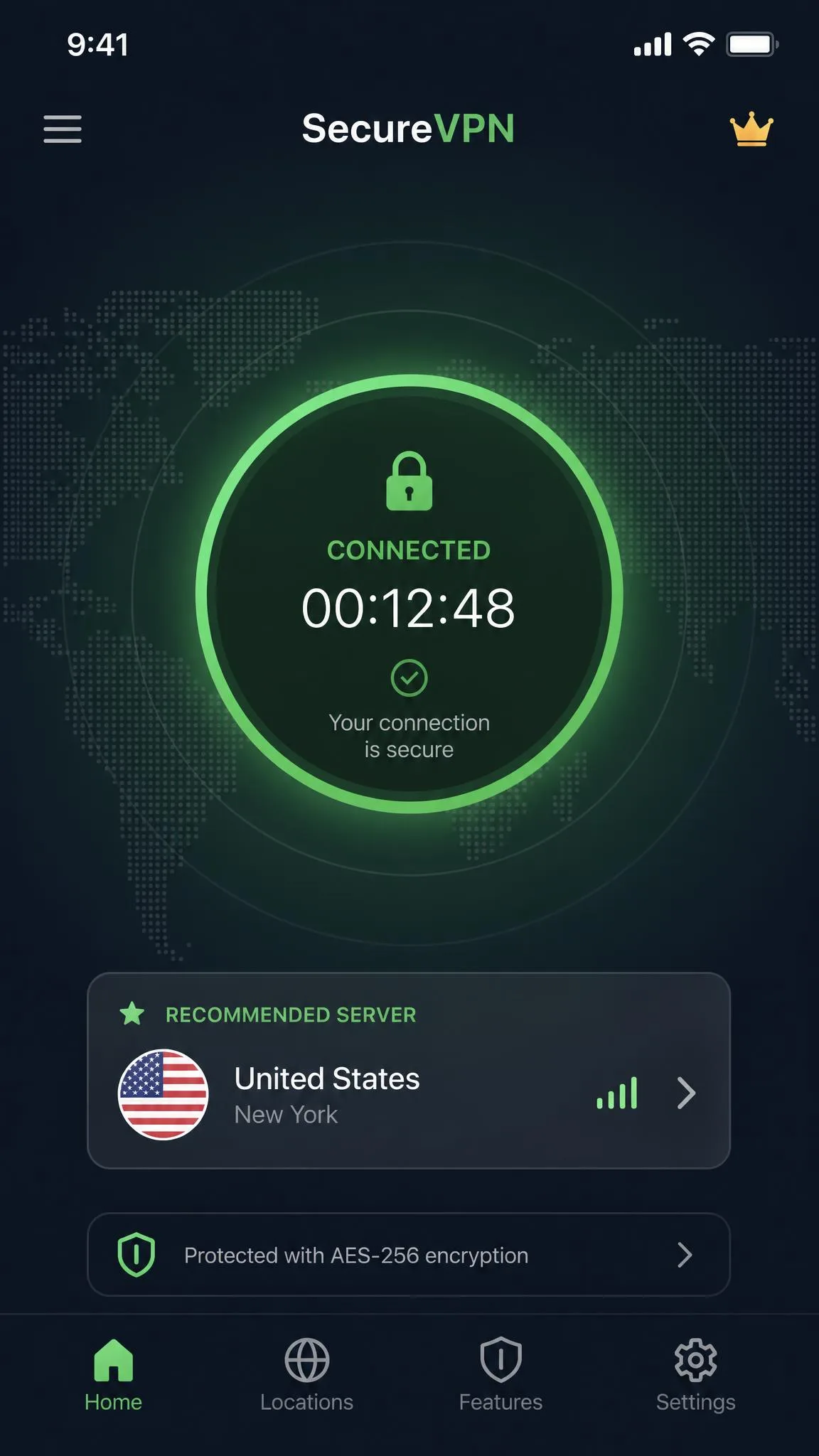Mobile VPN app home screen with a large connect button and a nearby recommended server selected, showing a connected status with a timer running.
