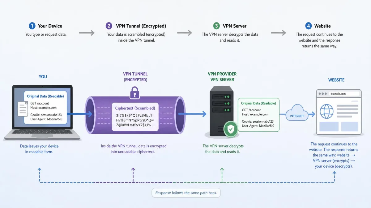 Illustration of data leaving a laptop, becoming scrambled ciphertext inside a VPN tunnel, and arriving readable at the VPN server before continuing to a website.