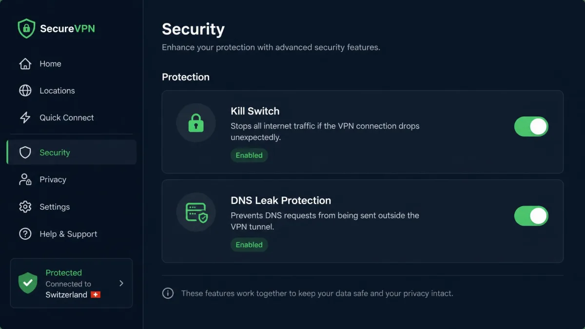 VPN app security settings panel with the kill switch and DNS leak protection toggles switched on.