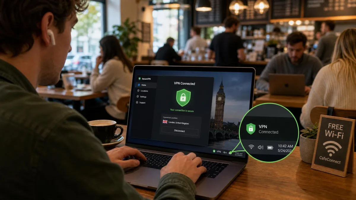 Person using a laptop in a busy cafe with a VPN connection indicator active in the system tray, illustrating protection on shared public Wi-Fi.