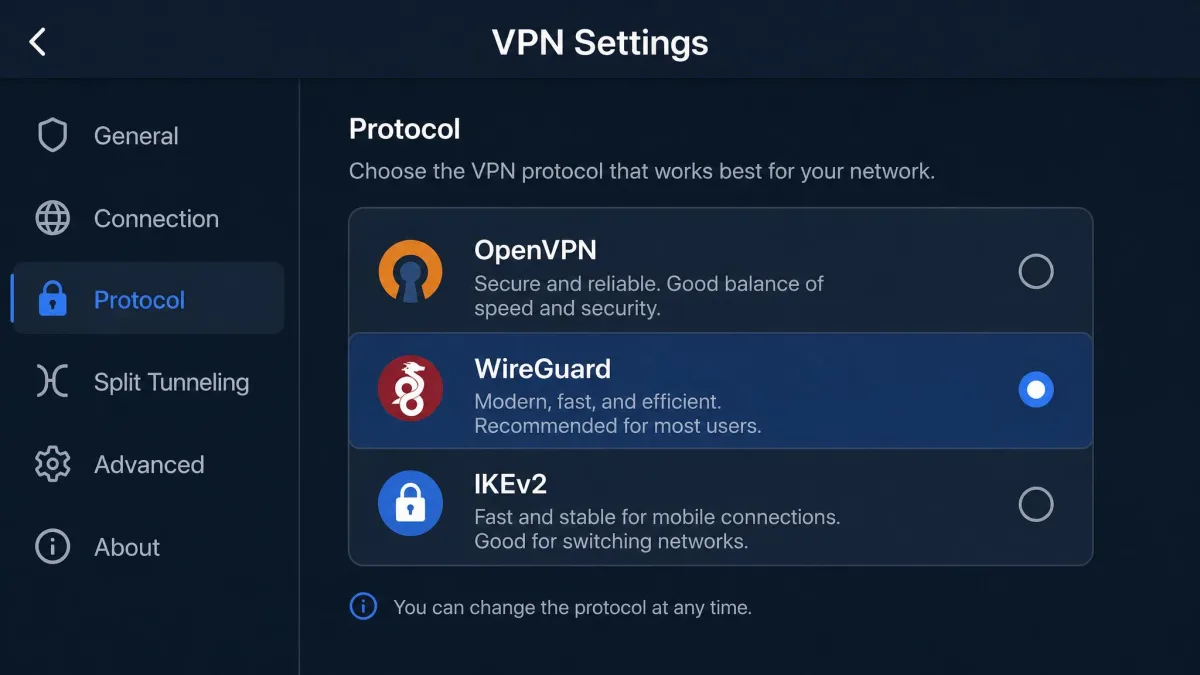 VPN app settings screen showing a protocol selection menu with OpenVPN, WireGuard, and IKEv2 options listed and WireGuard highlighted.