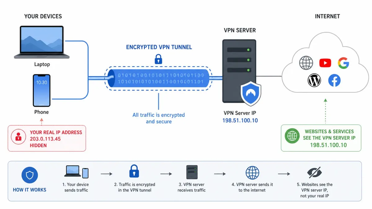 Simple diagram showing a laptop and phone connecting through an encrypted VPN tunnel to a VPN server, which then connects out to the open internet, with the user's real IP address hidden.