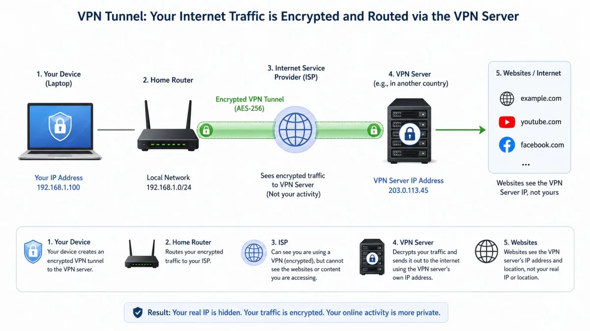 Diagram of a laptop sending traffic through an encrypted VPN tunnel past a home router and ISP to a VPN server, which connects out to websites using its own IP address.