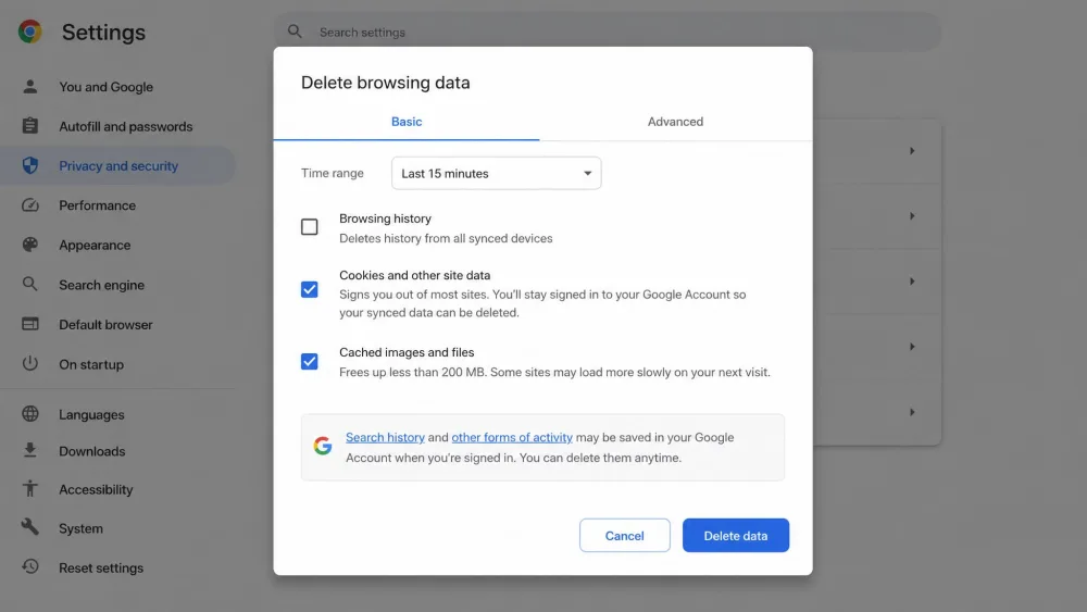 The Chrome Delete browsing data dialog showing the time range set to 15 minutes with Cached images and files and Cookies and other site data listed as separate checkboxes.