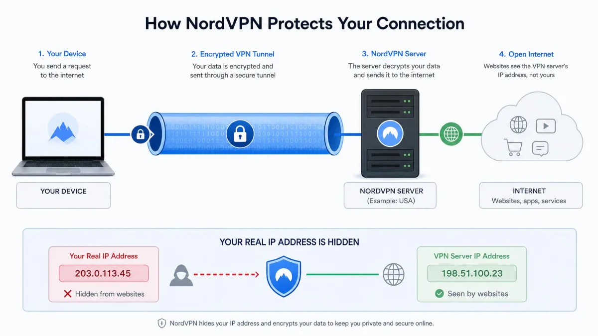Diagram showing a laptop sending encrypted data through a locked tunnel to a NordVPN server, then out to the open internet, with the user's real IP address hidden behind the server's address.