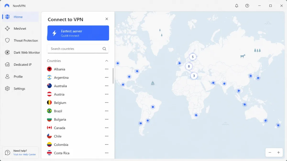 NordVPN desktop app showing the country server list open, with a search box and a highlighted "fastest server" quick-connect button at the top.