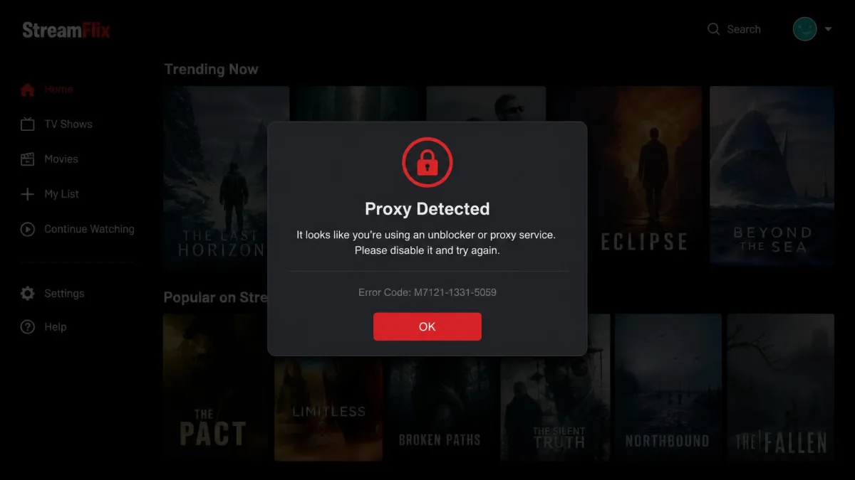 A streaming app displaying a proxy-detected error message over a dimmed catalogue, illustrating what a user sees when a VPN block is triggered.