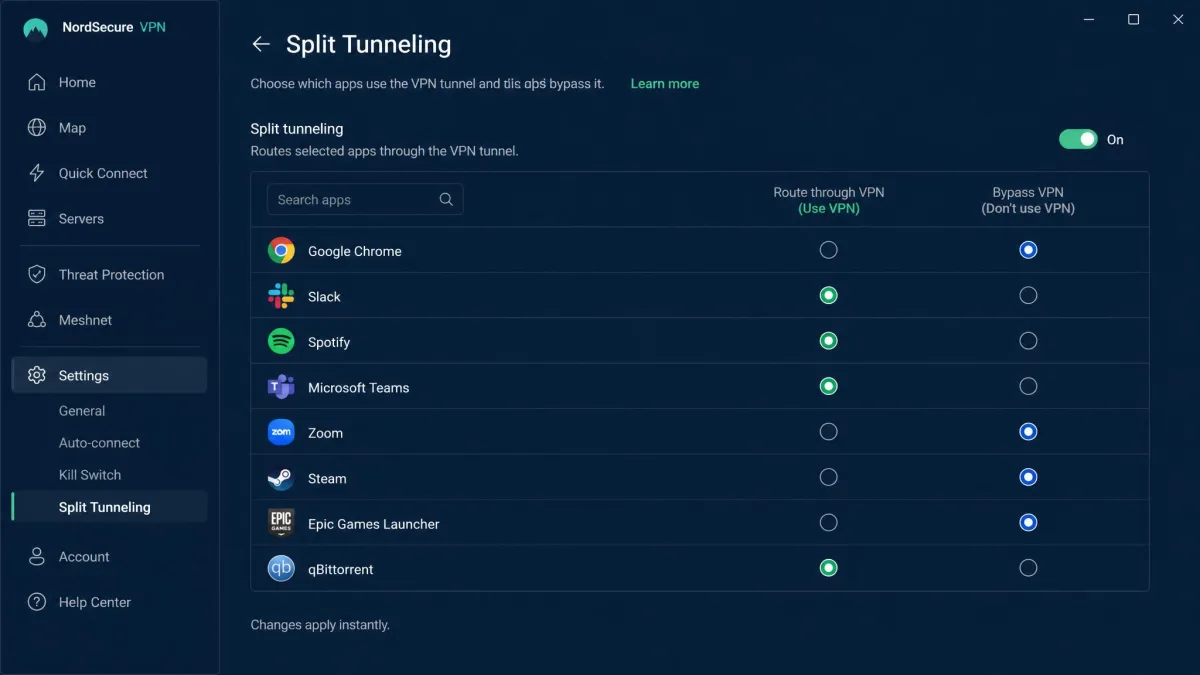 A VPN client's split tunneling settings screen showing a list of installed apps with toggles marking which ones route through the VPN and which bypass it.