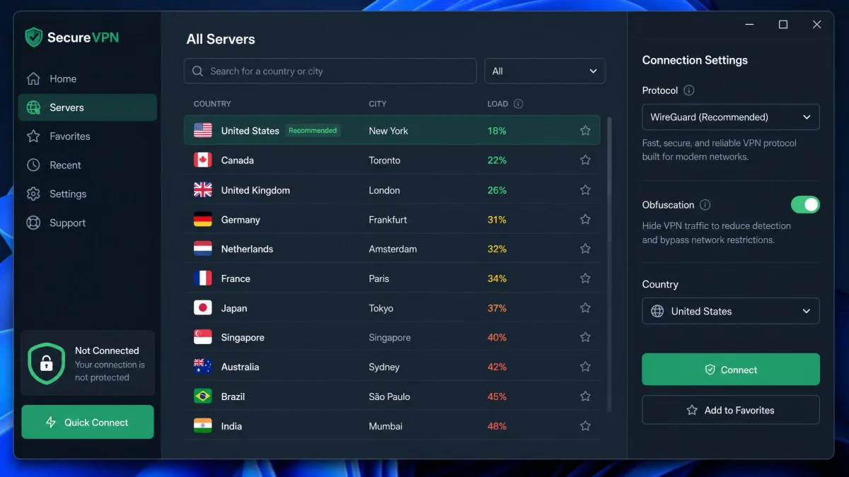 A VPN desktop app open on its server list, with a protocol dropdown and an obfuscation toggle visible in the settings panel alongside the country picker.