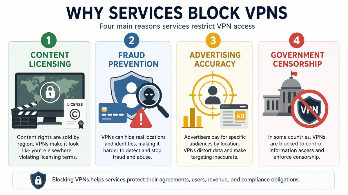A labelled illustration showing the four main reasons services block VPNs, with icons for content licensing, fraud prevention, advertising accuracy, and government censorship.
