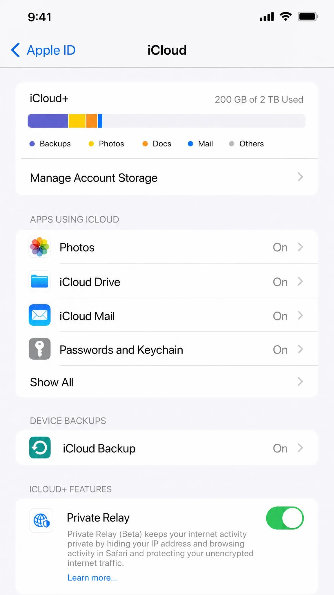 iPhone iCloud settings screen showing the Private Relay toggle switched on under the Apple ID iCloud menu, with the beta label visible.