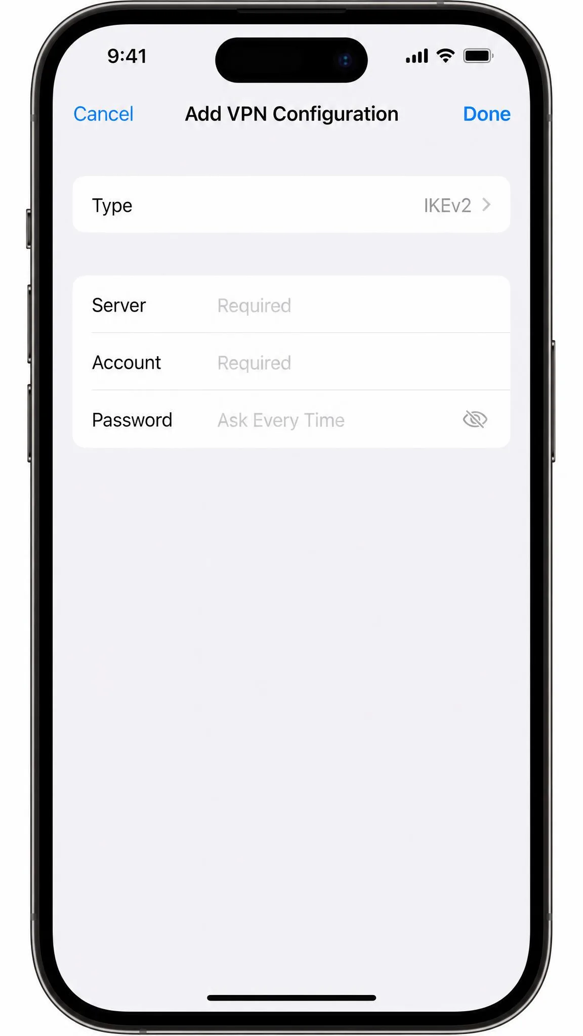 iPhone Add VPN Configuration screen under Settings with fields for type, server, account, and password, and IKEv2 selected as the connection type.